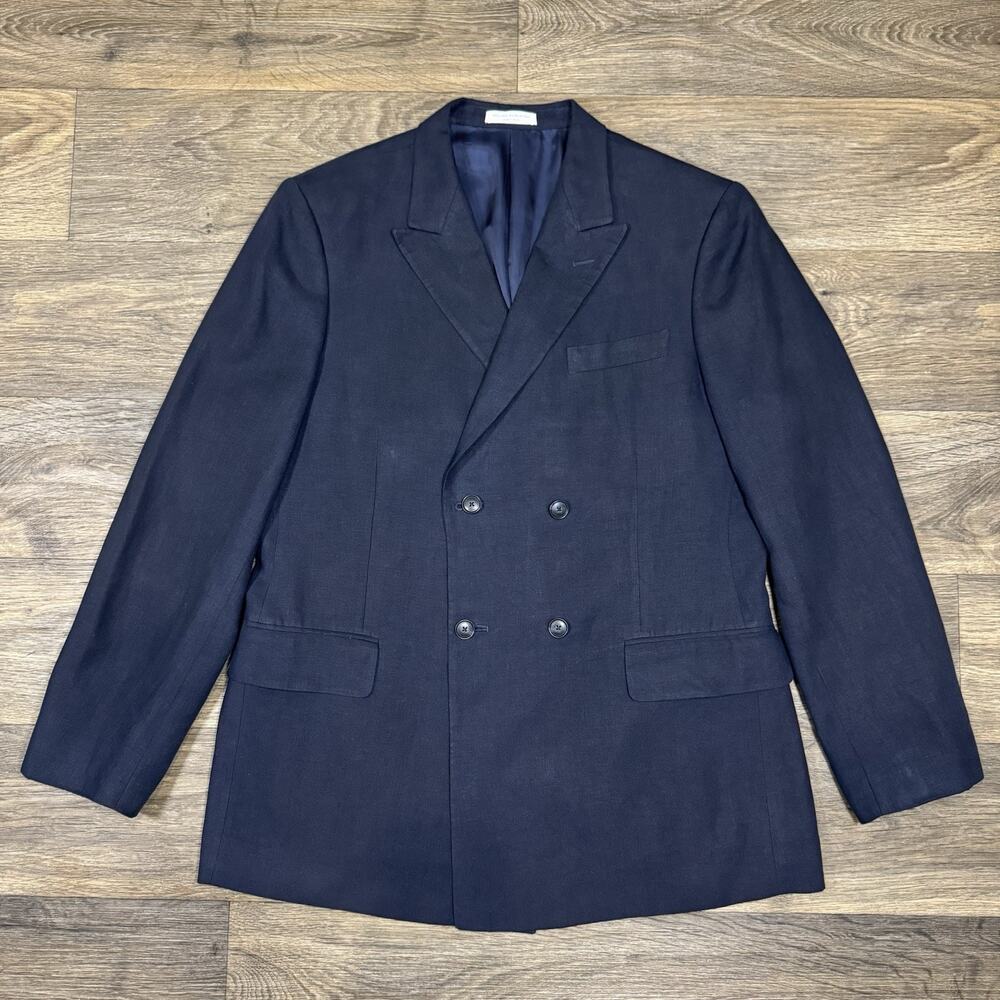 John W. Nordstrom Double Breasted Peak Lapel Linen Suit Jacket in Navy Size 40 R